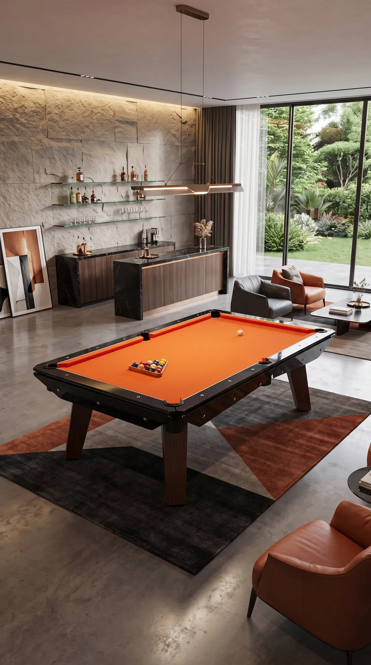 Table de billard Brezza avec tapis orange dans un salon avec bar