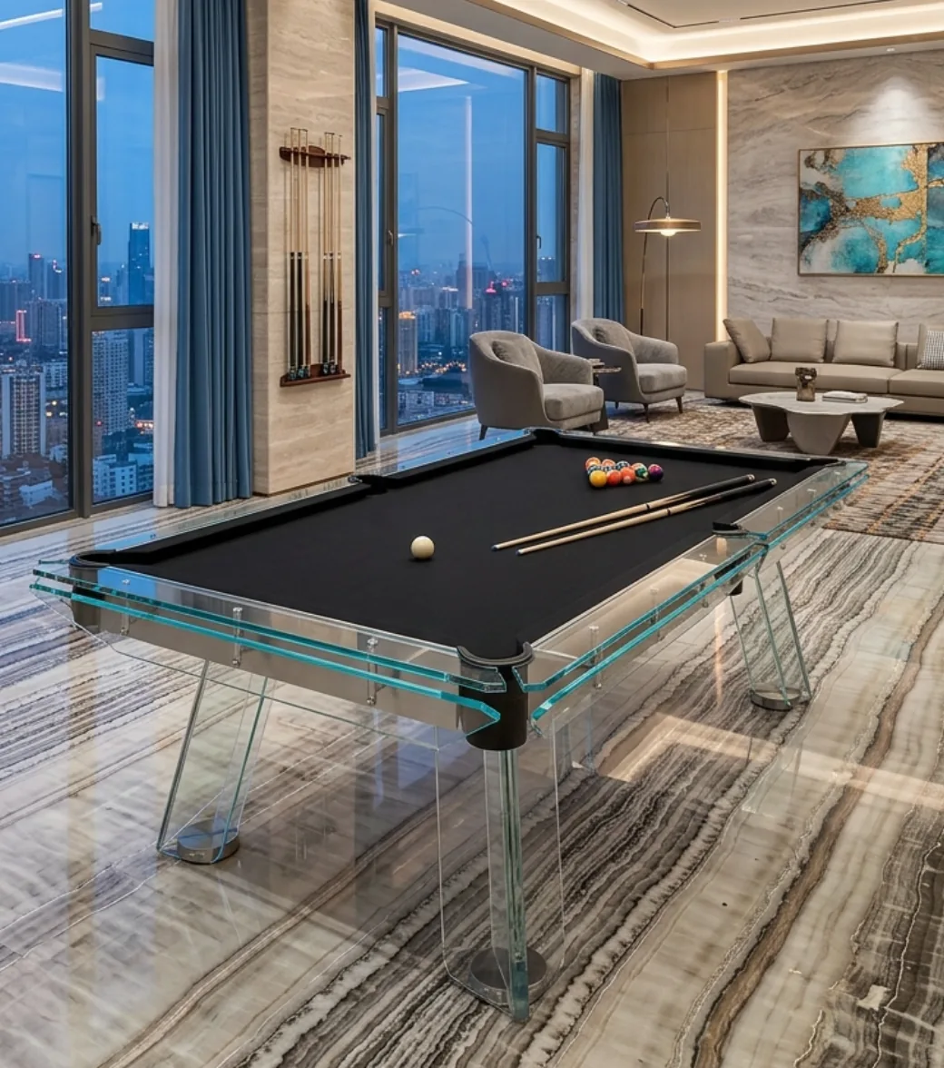 Table de billard Cristallo en verre trempé dans un appartement en hauteur