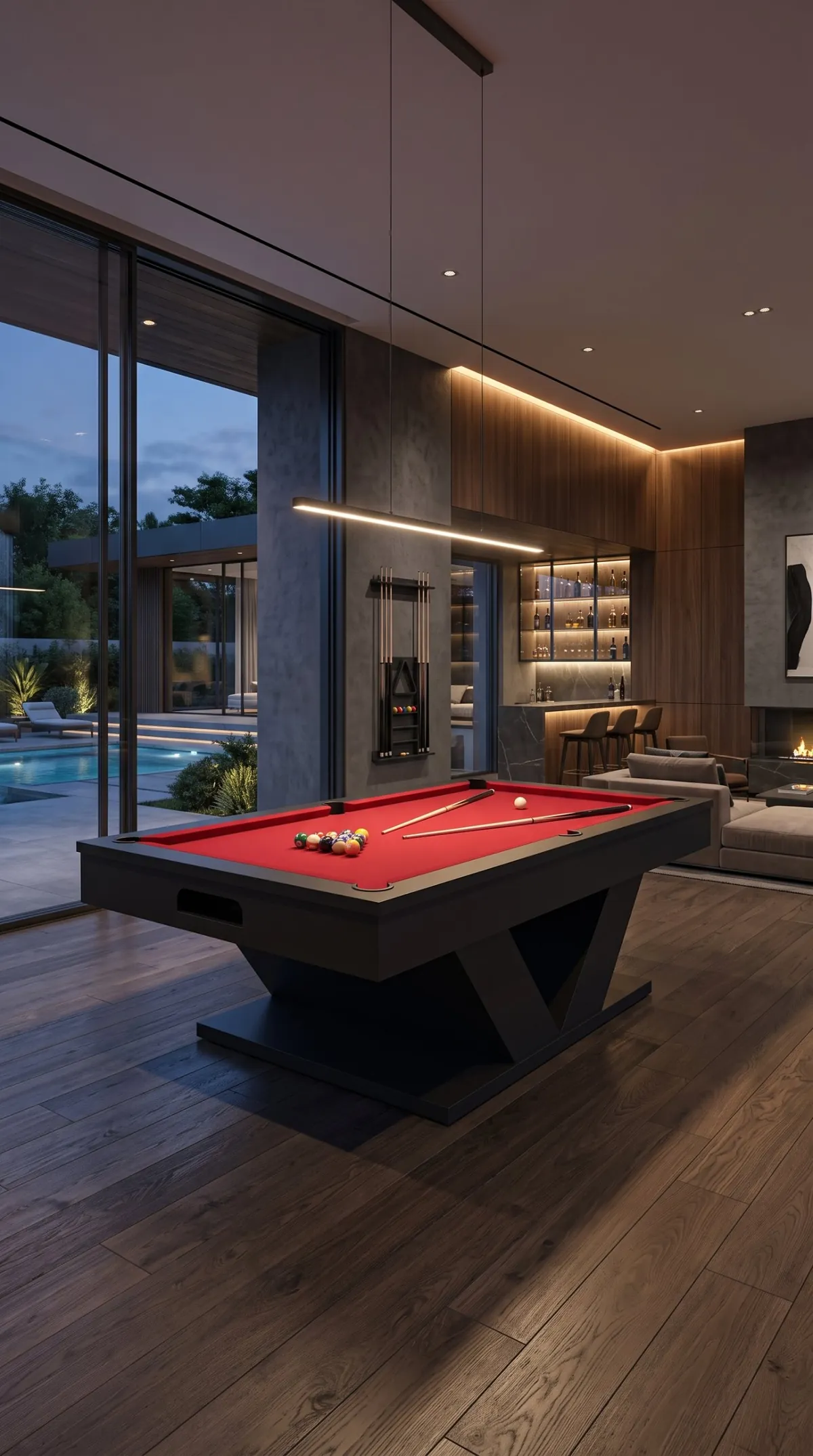 Table de billard Notturno noir mat, piètement en V, tapis rouge, salon de nuit avec piscine